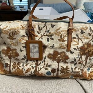Spartina 449 Cream Travel Duffel with Tan Trim and Gold-Brown Print